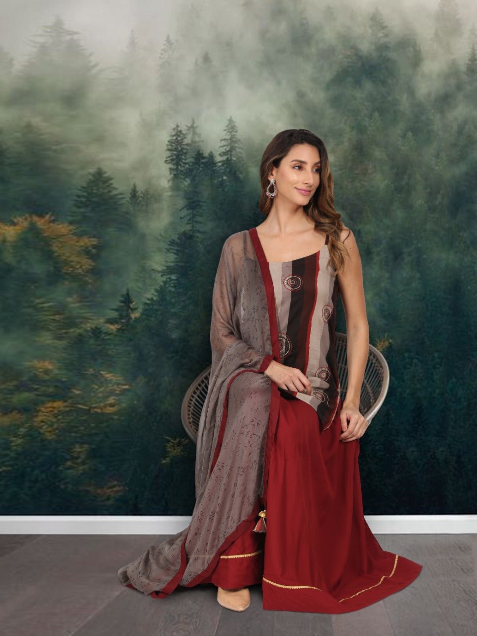 Maroon Embroidered Viscose Sharara Suit Set - DWEEP SARA