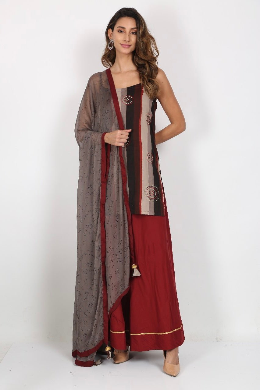 Maroon Embroidered Viscose Sharara Suit Set - DWEEP SARA