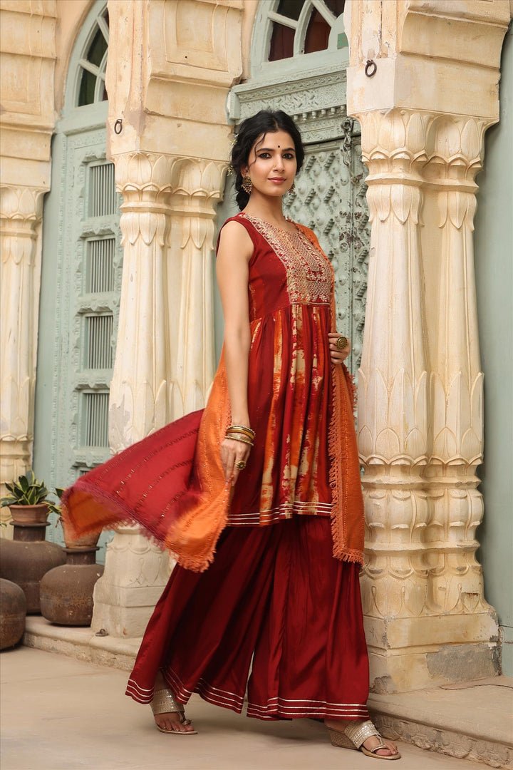 Maroon Tie & Dye Viscose Silk Sharara Suit Set hi - DWEEP SARA