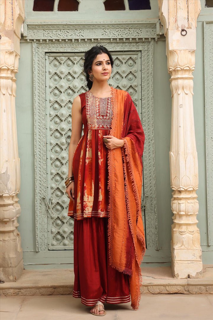 Maroon Tie & Dye Viscose Silk Sharara Suit Set hi - DWEEP SARA