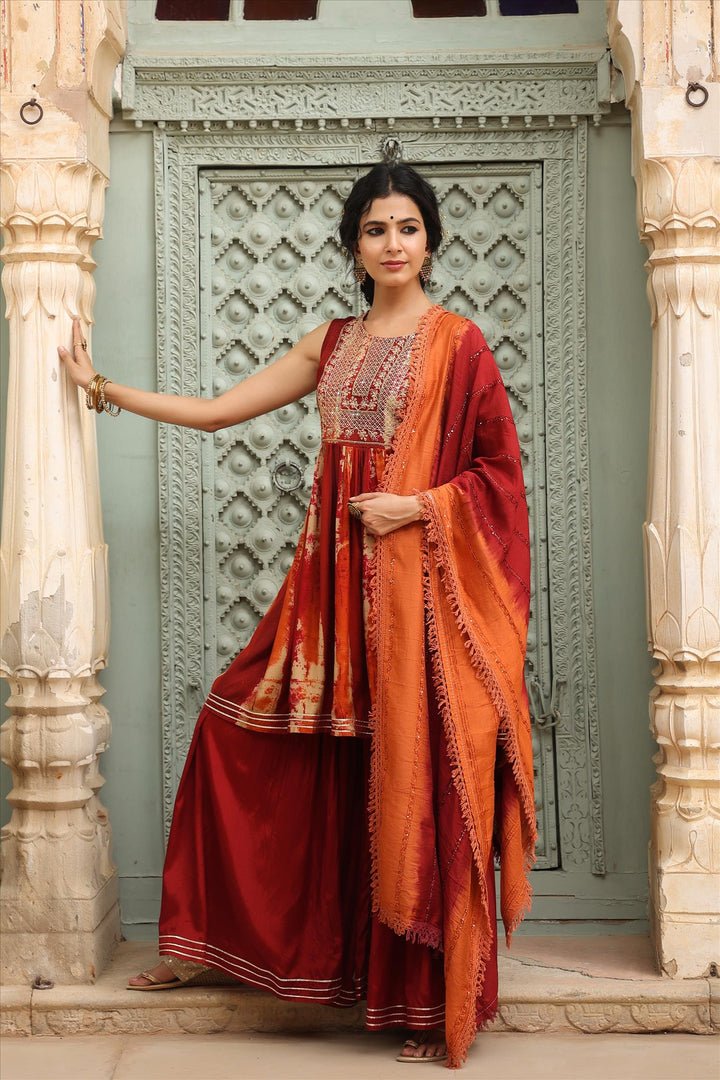 Maroon Tie & Dye Viscose Silk Sharara Suit Set hi - DWEEP SARA