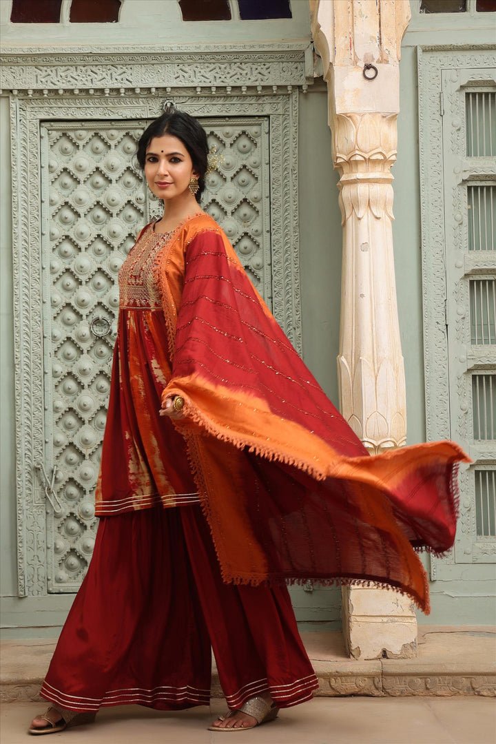 Maroon Tie & Dye Viscose Silk Sharara Suit Set hi - DWEEP SARA