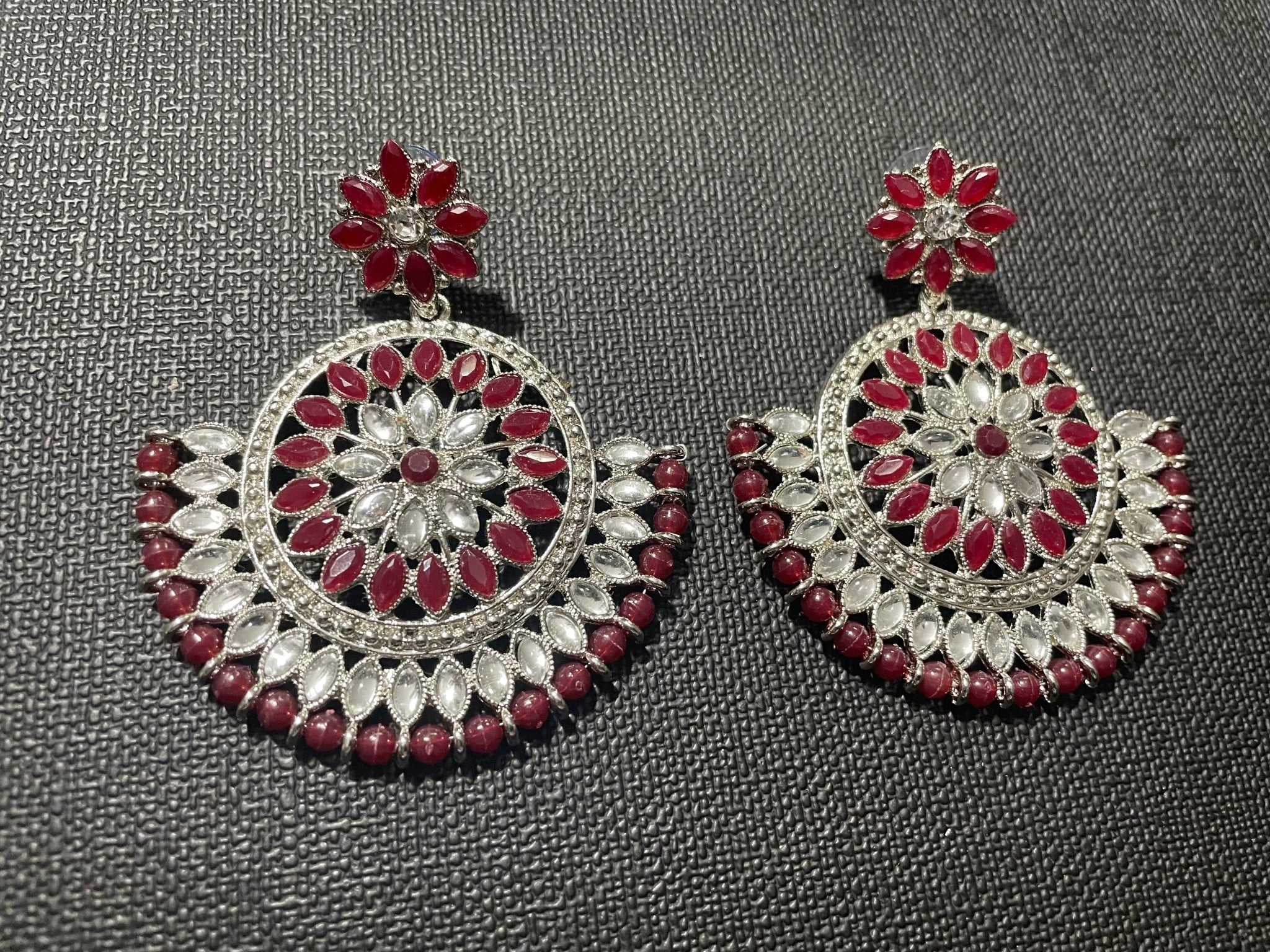 MEHROON & SILVER KUNDAN EARRINGS - DWEEP SARA