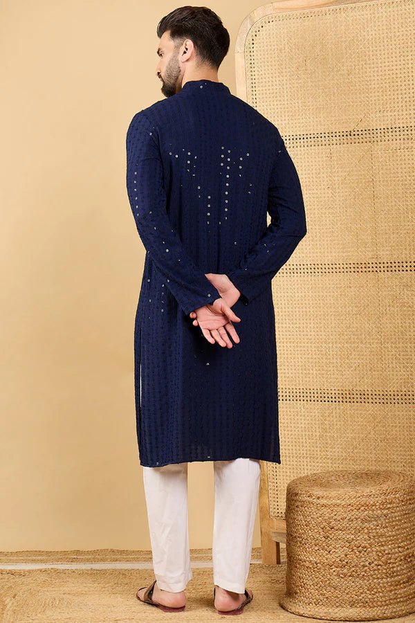 Mens Blue Viscose Rayon Resham Dhaga Sequence Solid Embroidered Long Straight Kurta For Men - DWEEP SARA