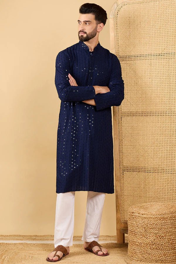 Mens Blue Viscose Rayon Resham Dhaga Sequence Solid Embroidered Long Straight Kurta For Men - DWEEP SARA