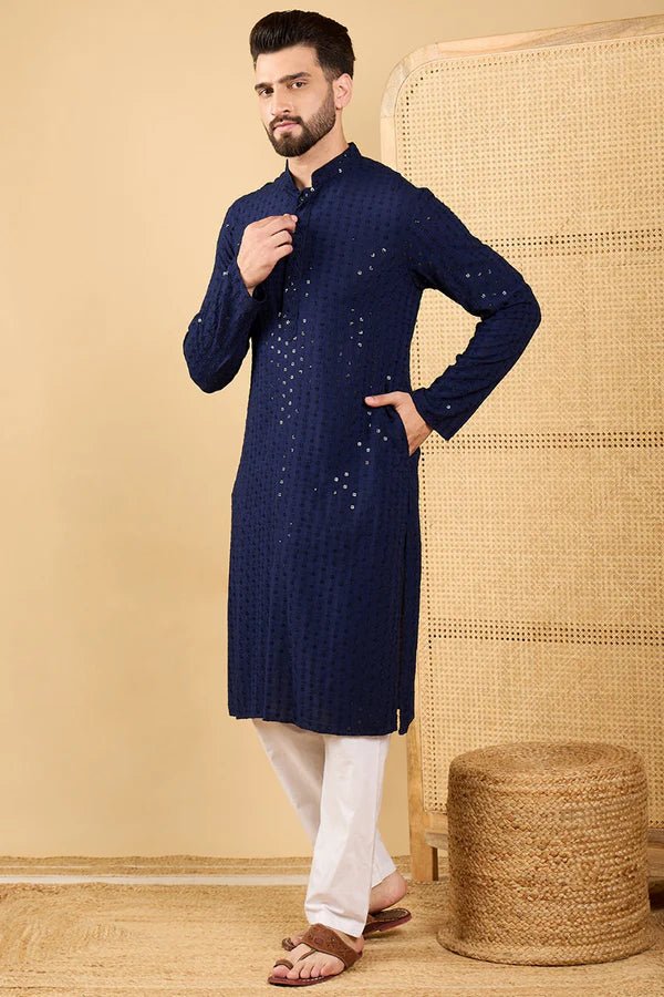 Mens Blue Viscose Rayon Resham Dhaga Sequence Solid Embroidered Long Straight Kurta For Men - DWEEP SARA