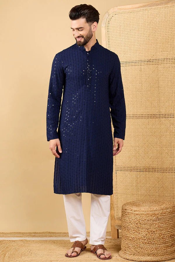 Mens Blue Viscose Rayon Resham Dhaga Sequence Solid Embroidered Long Straight Kurta For Men - DWEEP SARA