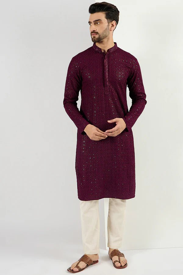 Mens Burgundy Viscose Rayon Resham Dhaga Sequence Solid Embroidered Long Straight Kurta For Men - DWEEP SARA