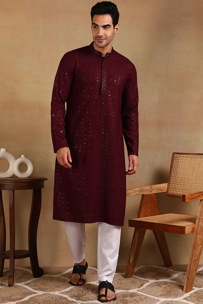 Mens Burgundy Viscose Rayon Resham Dhaga Sequence Solid Embroidered Long Straight Kurta For Men - DWEEP SARA