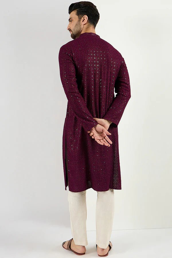 Mens Burgundy Viscose Rayon Resham Dhaga Sequence Solid Embroidered Long Straight Kurta For Men - DWEEP SARA