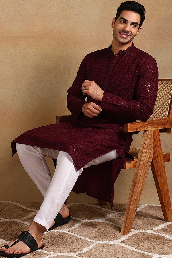 Mens Burgundy Viscose Rayon Resham Dhaga Sequence Solid Embroidered Long Straight Kurta For Men - DWEEP SARA