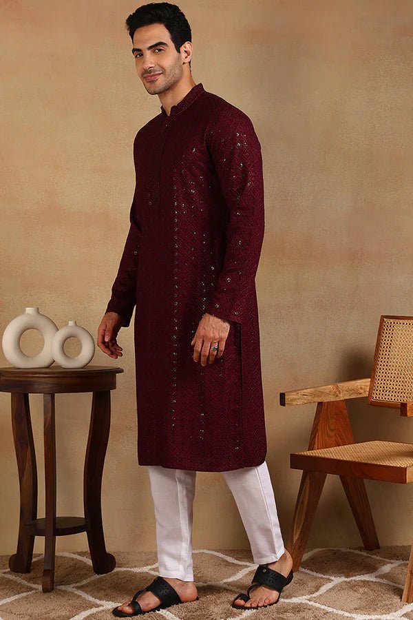 Mens Burgundy Viscose Rayon Resham Dhaga Sequence Solid Embroidered Long Straight Kurta For Men - DWEEP SARA