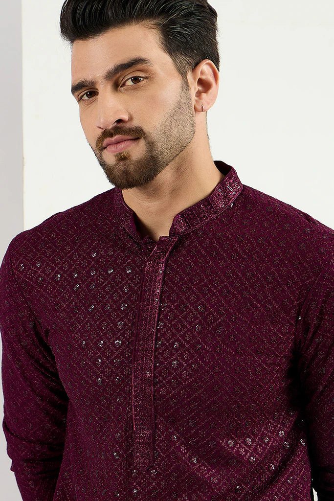 Mens Burgundy Viscose Rayon Resham Dhaga Sequence Solid Embroidered Long Straight Kurta For Men - DWEEP SARA
