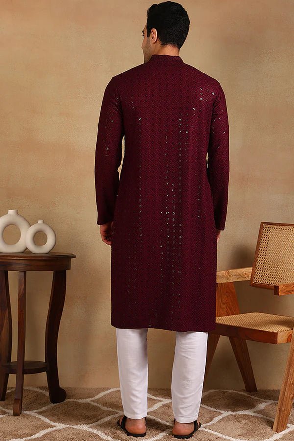 Mens Burgundy Viscose Rayon Resham Dhaga Sequence Solid Embroidered Long Straight Kurta For Men - DWEEP SARA