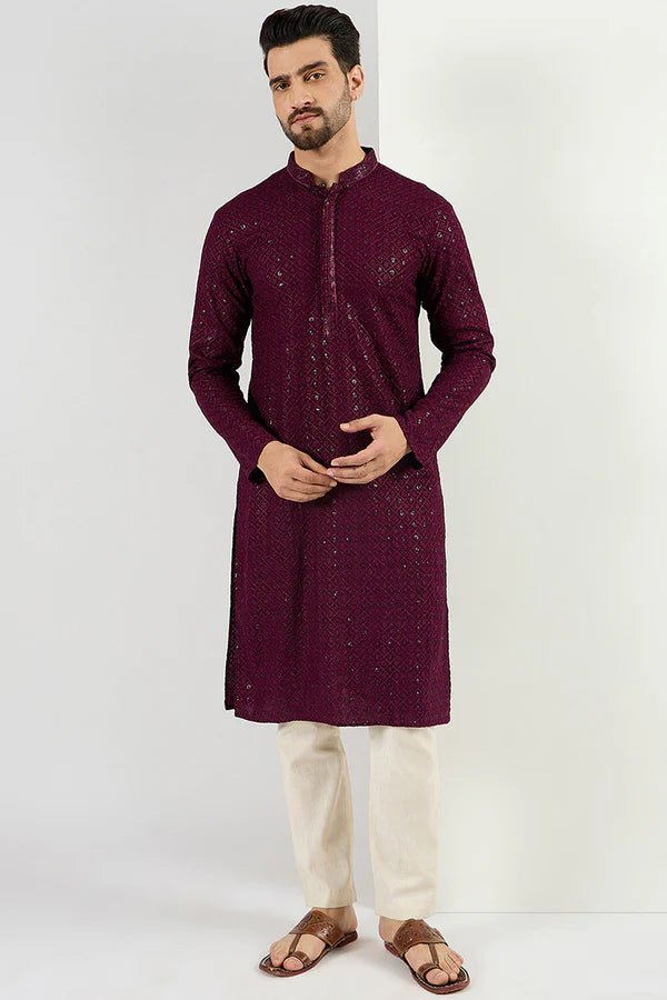 Mens Burgundy Viscose Rayon Resham Dhaga Sequence Solid Embroidered Long Straight Kurta For Men - DWEEP SARA