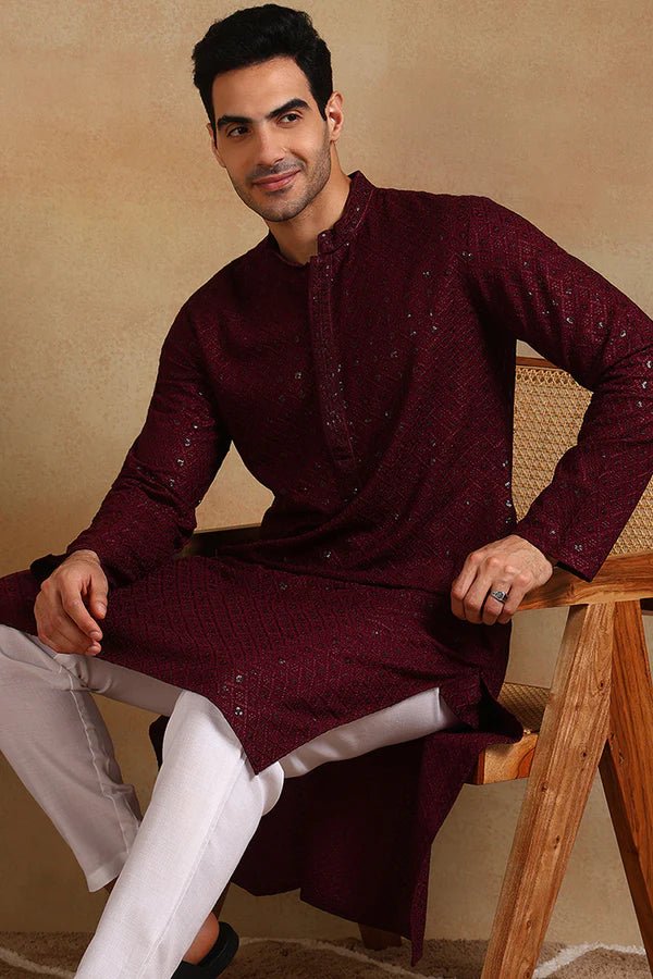 Mens Burgundy Viscose Rayon Resham Dhaga Sequence Solid Embroidered Long Straight Kurta For Men - DWEEP SARA
