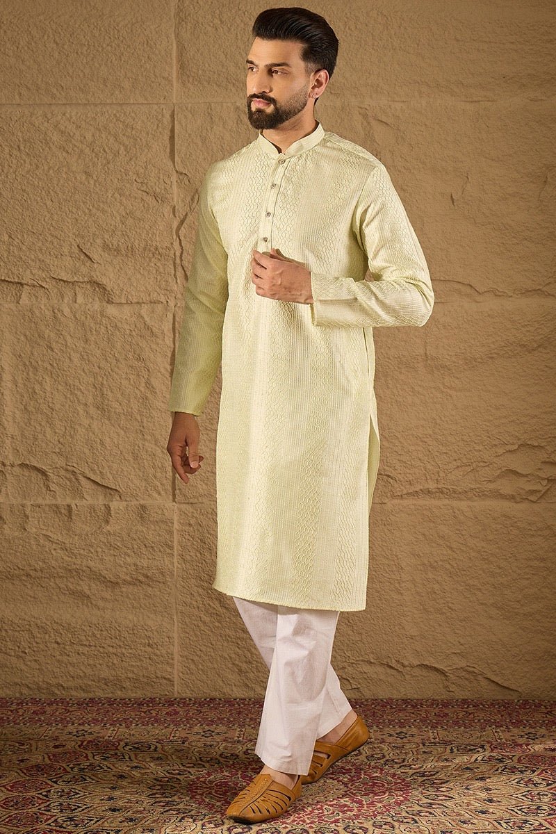 Mens Green Silk Blend Embroidered Long Straight Kurta For Men - DWEEP SARA