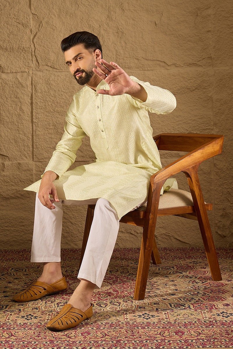 Mens Green Silk Blend Embroidered Long Straight Kurta For Men - DWEEP SARA