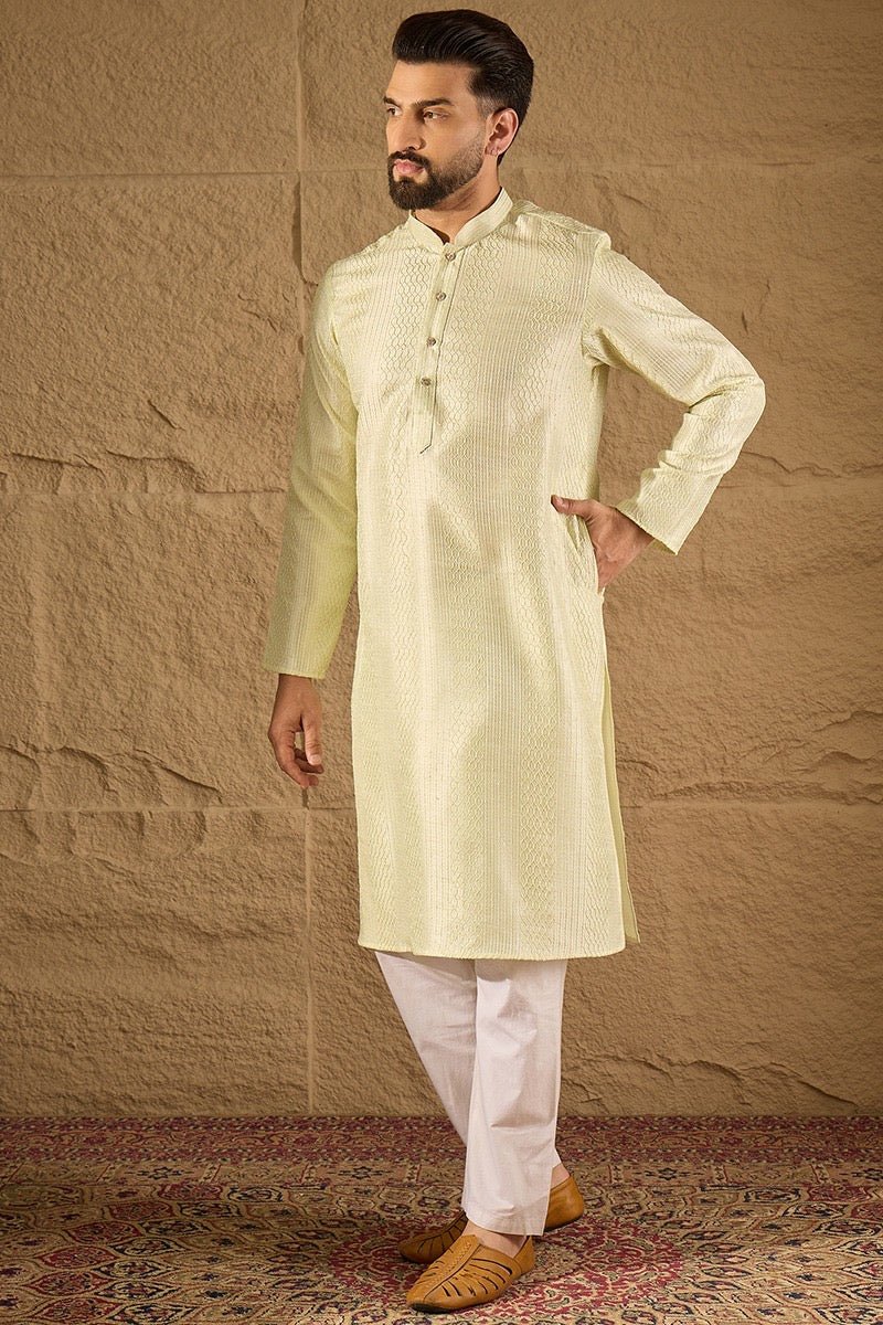 Mens Green Silk Blend Embroidered Long Straight Kurta For Men - DWEEP SARA