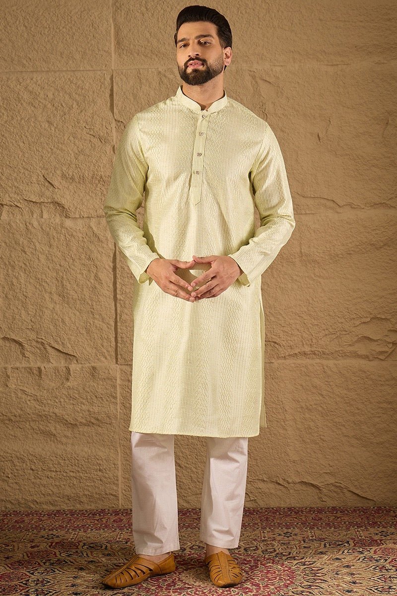 Mens Green Silk Blend Embroidered Long Straight Kurta For Men - DWEEP SARA