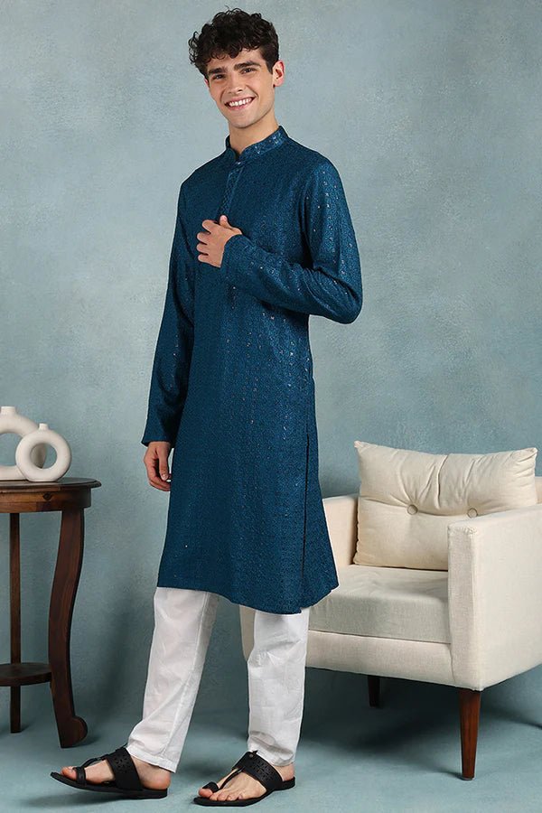 Mens Teal Blue Viscose Rayon Resham Dhaga Sequence Solid Embroidered Long Straight Kurta For Men - DWEEP SARA