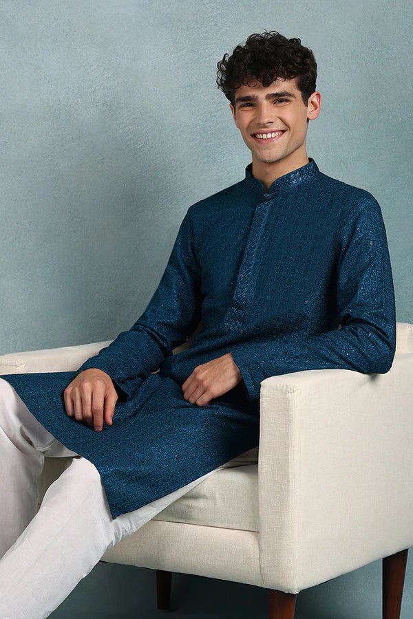 Mens Teal Blue Viscose Rayon Resham Dhaga Sequence Solid Embroidered Long Straight Kurta For Men - DWEEP SARA