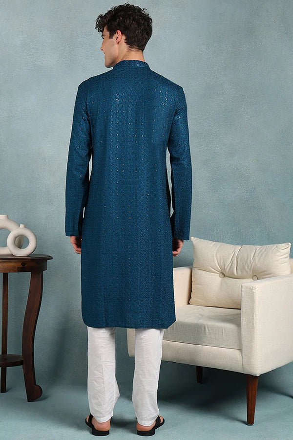 Mens Teal Blue Viscose Rayon Resham Dhaga Sequence Solid Embroidered Long Straight Kurta For Men - DWEEP SARA