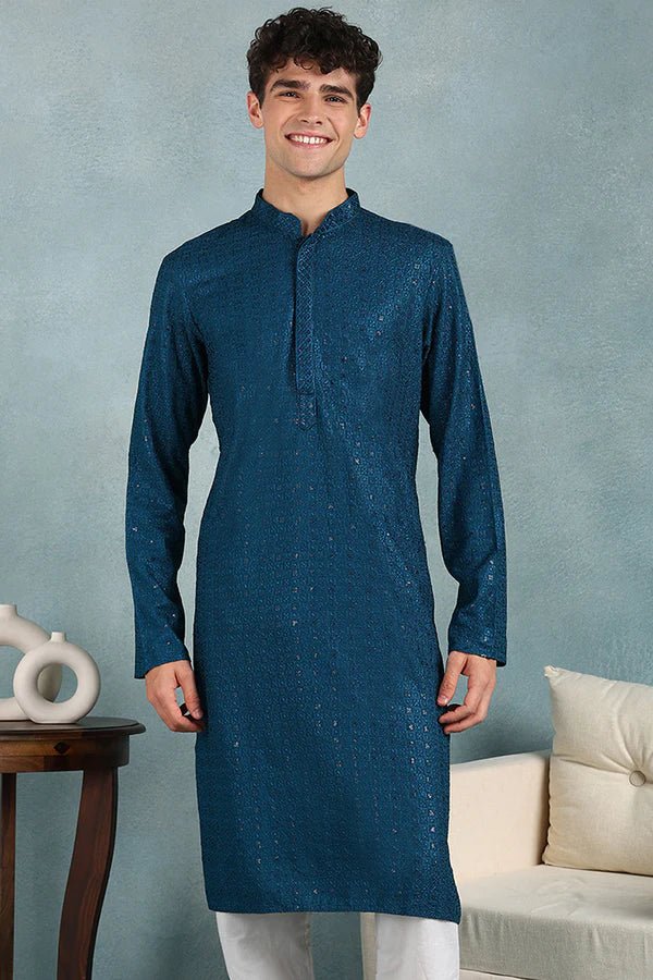 Mens Teal Blue Viscose Rayon Resham Dhaga Sequence Solid Embroidered Long Straight Kurta For Men - DWEEP SARA