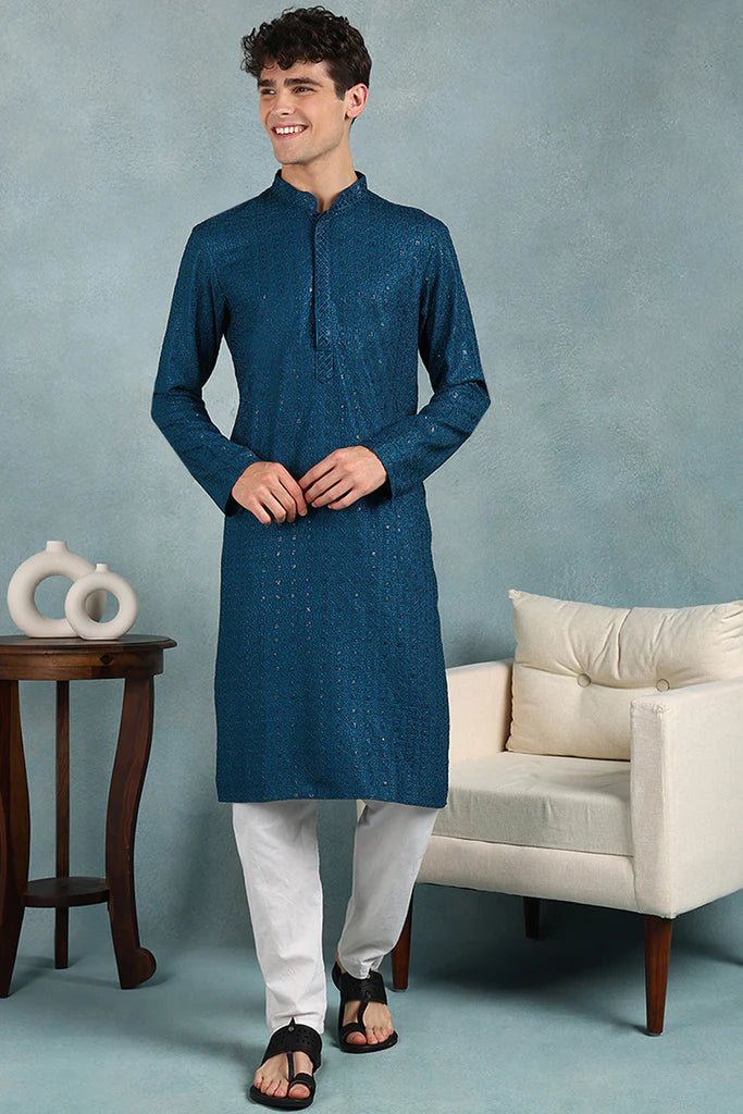 Mens Teal Blue Viscose Rayon Resham Dhaga Sequence Solid Embroidered Long Straight Kurta For Men - DWEEP SARA