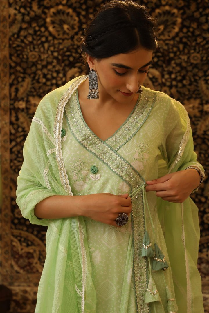 Mint Mulmul Bandhani Angrakha Suit Set - DWEEP SARA