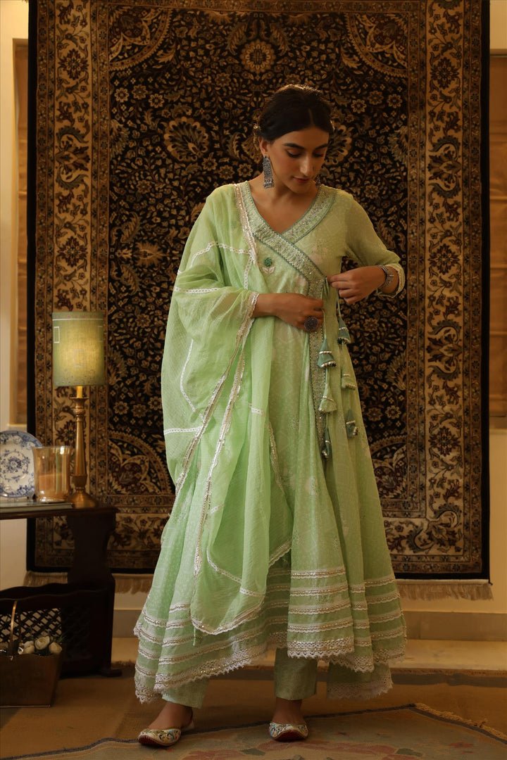 Mint Mulmul Bandhani Angrakha Suit Set - DWEEP SARA