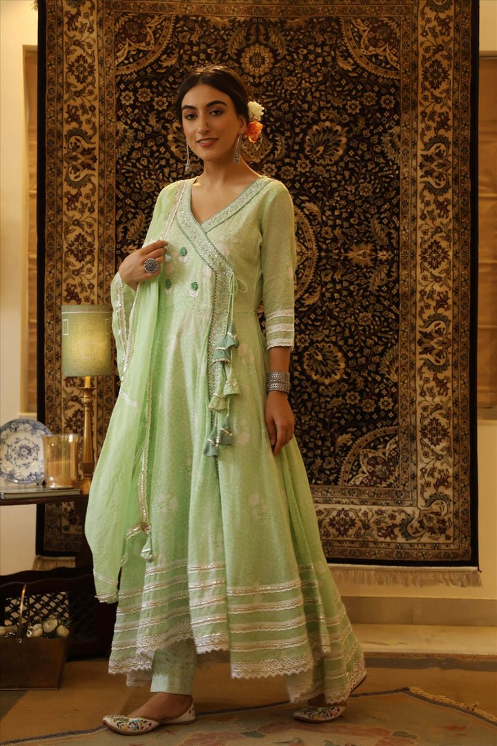 Mint Mulmul Bandhani Angrakha Suit Set - DWEEP SARA