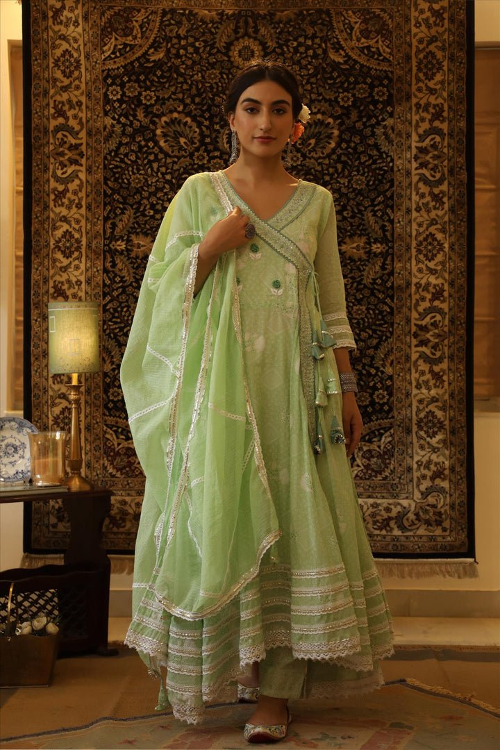 Mint Mulmul Bandhani Angrakha Suit Set - DWEEP SARA