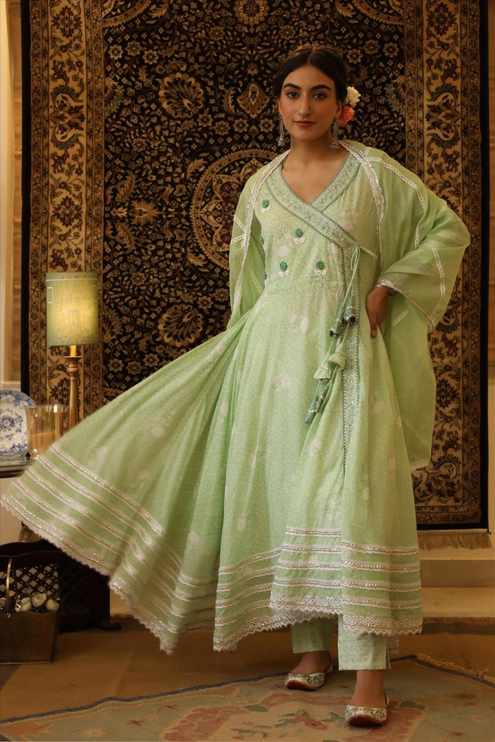 Mint Mulmul Bandhani Angrakha Suit Set - DWEEP SARA