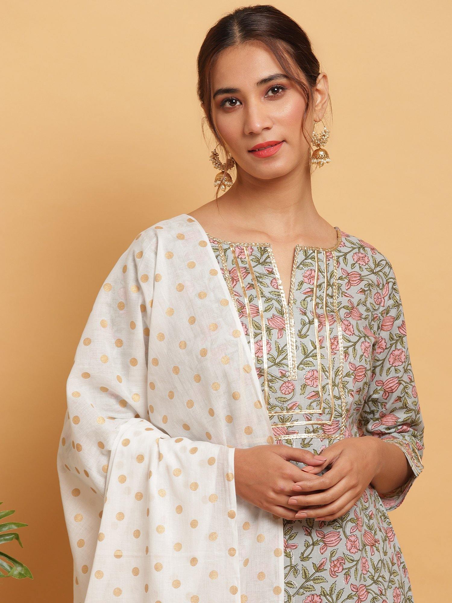 Multicolor Floral Printed Cotton Suit Set - DWEEP SARA