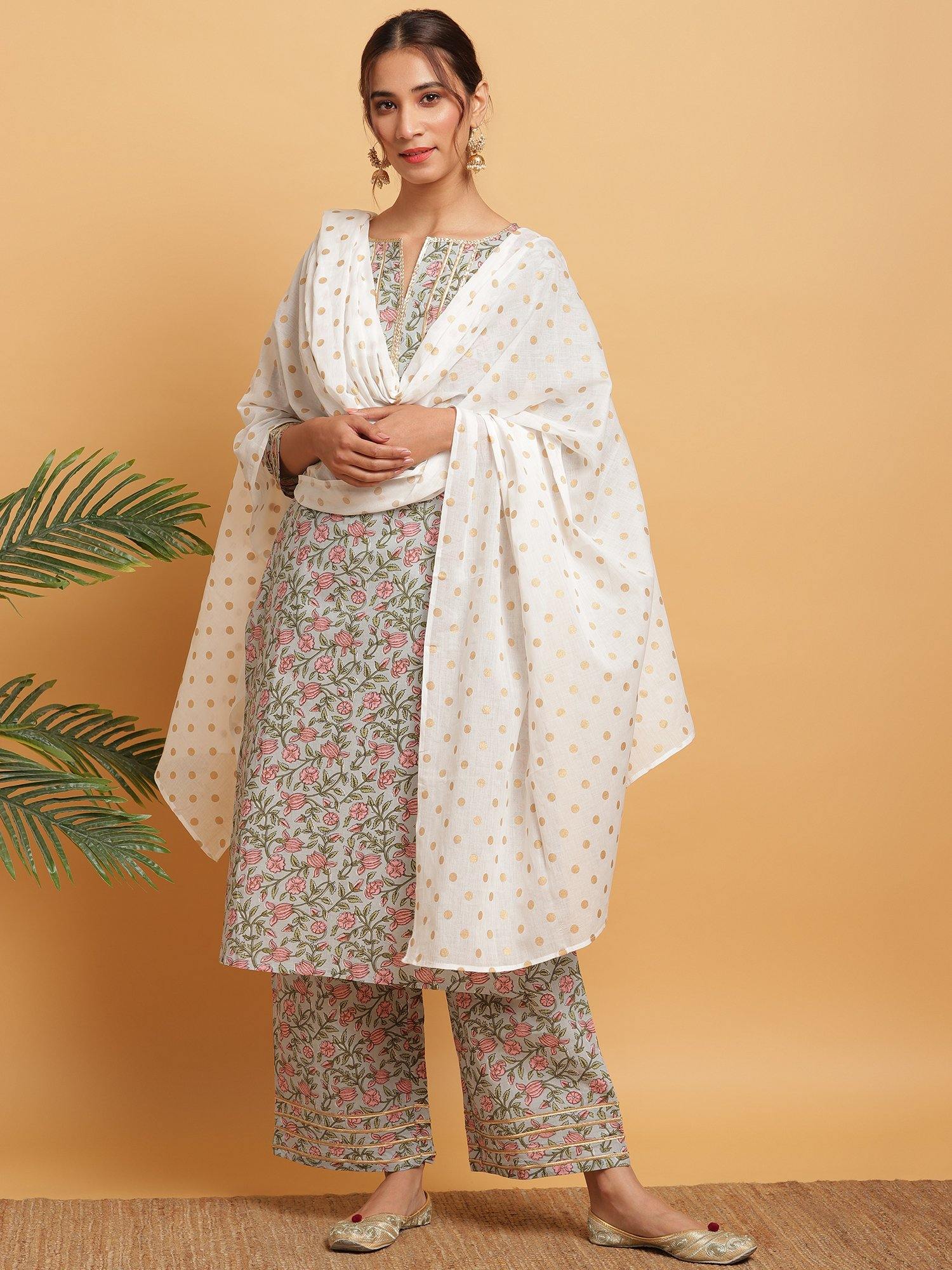 Multicolor Floral Printed Cotton Suit Set - DWEEP SARA