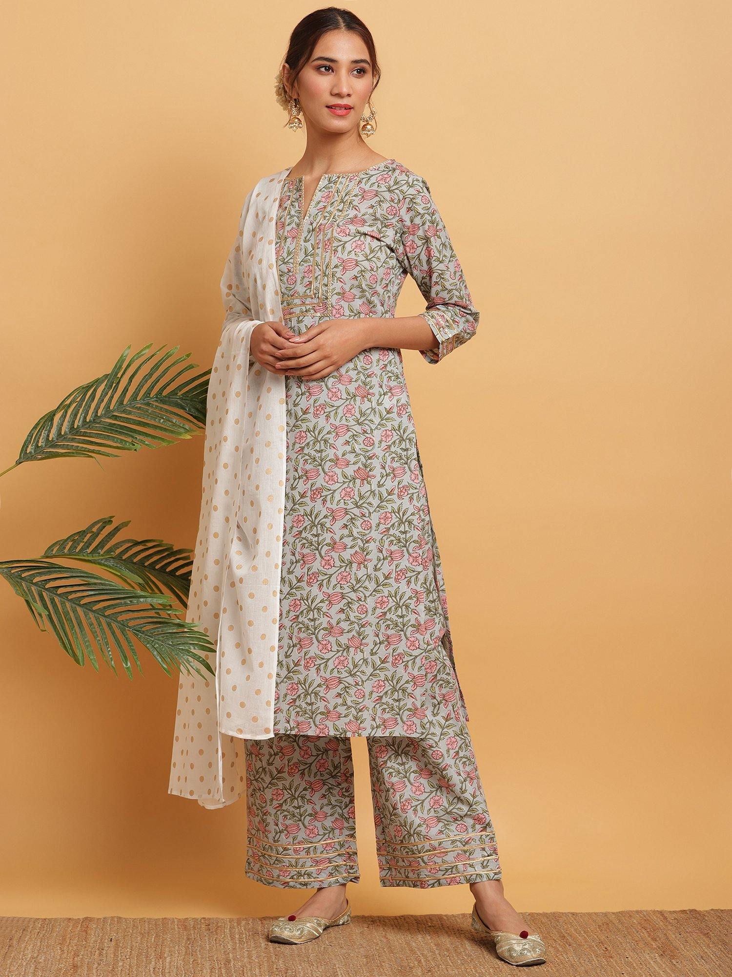 Multicolor Floral Printed Cotton Suit Set - DWEEP SARA