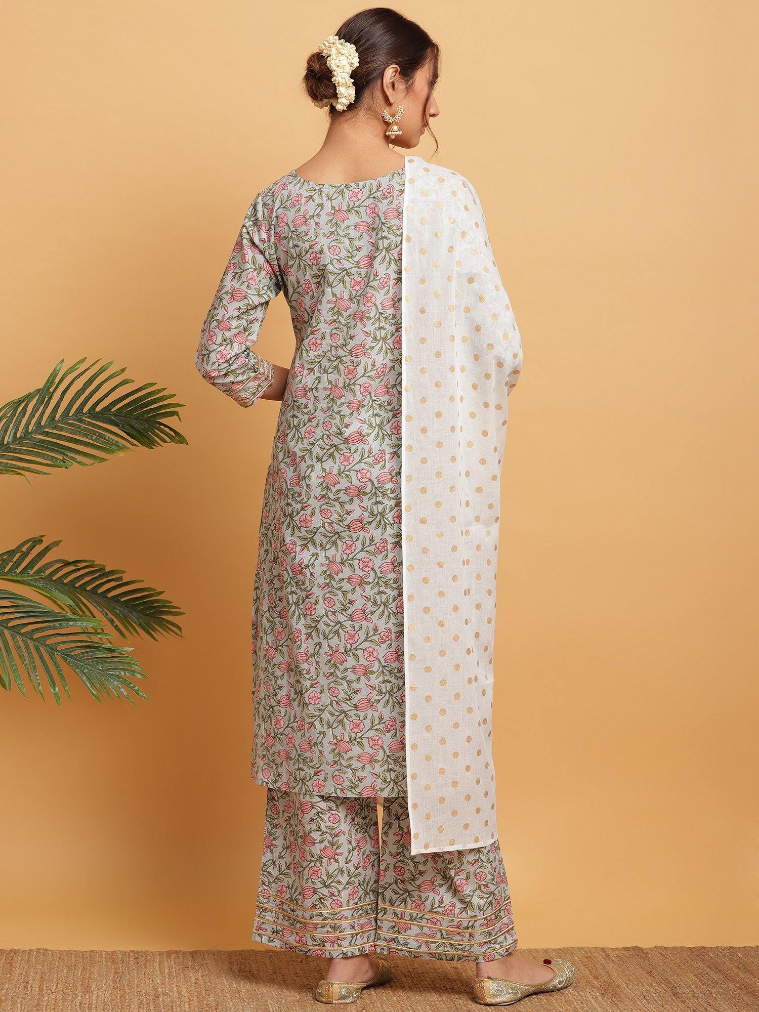 Multicolor Floral Printed Cotton Suit Set - DWEEP SARA