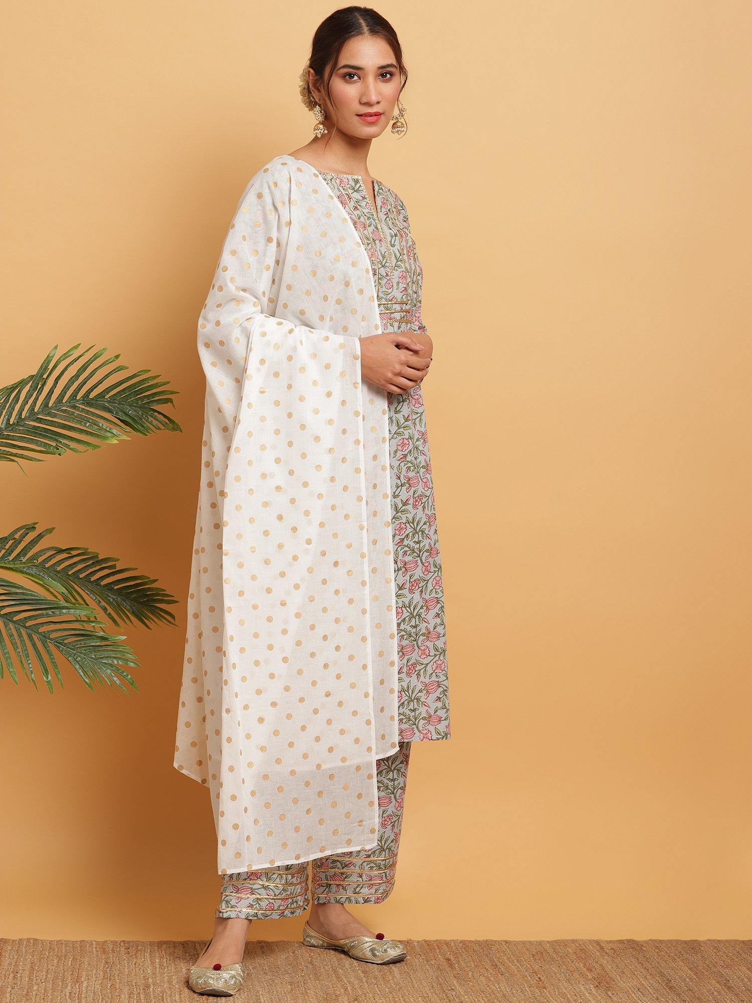 Multicolor Floral Printed Cotton Suit Set - DWEEP SARA