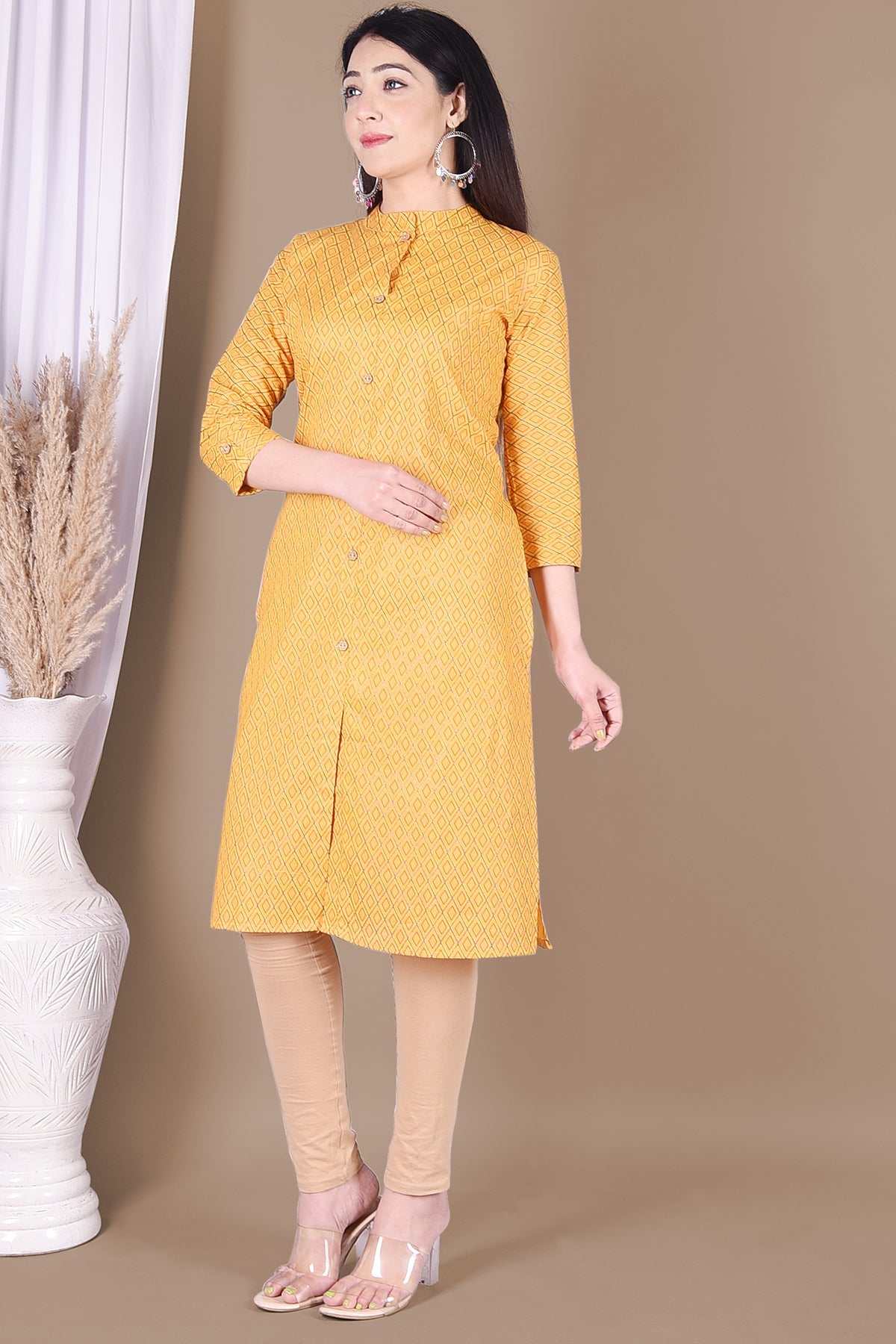 Mustard Checkered Printed Kurta - DWEEP SARA