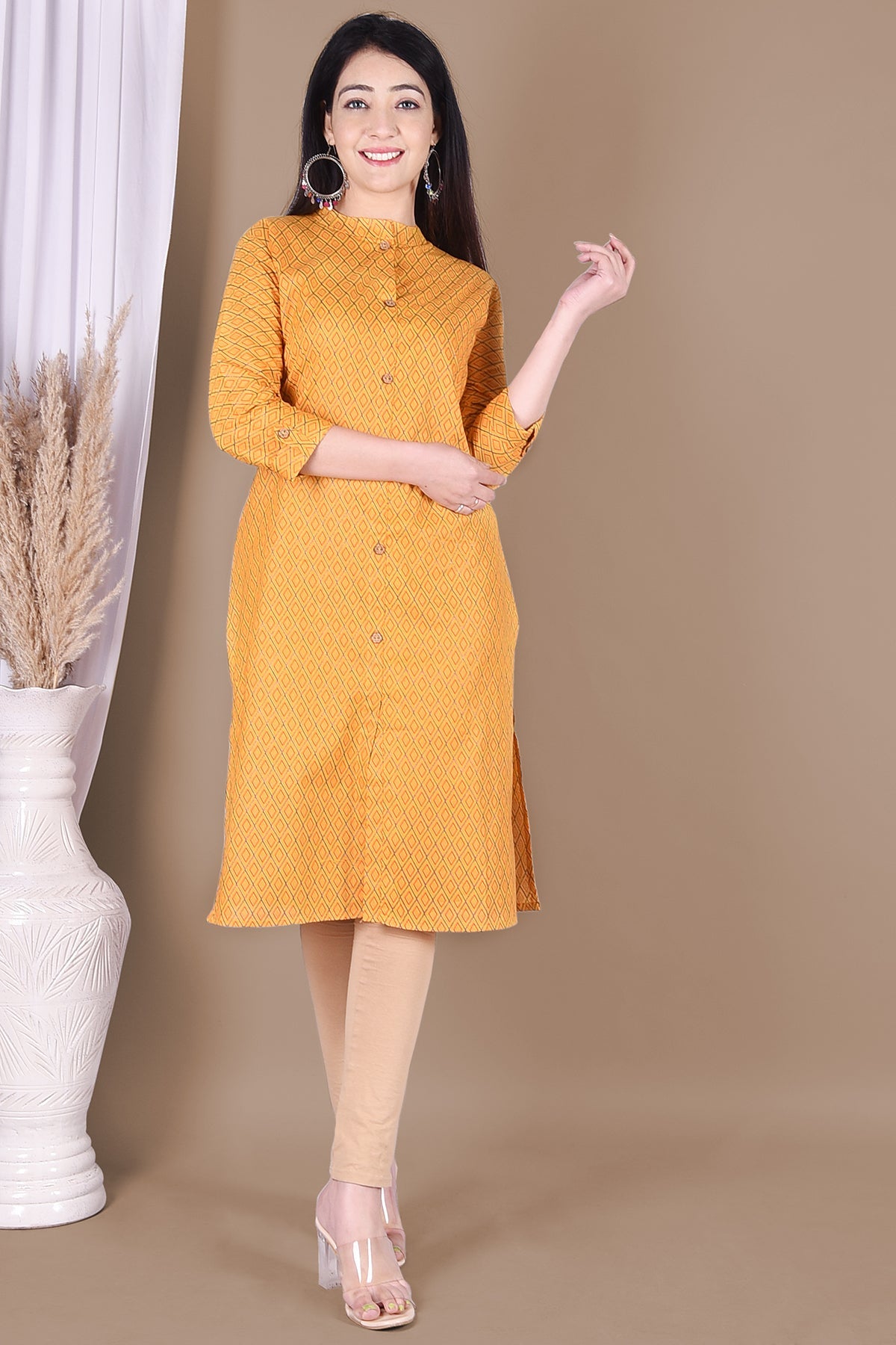 Mustard Checkered Printed Kurta - DWEEP SARA