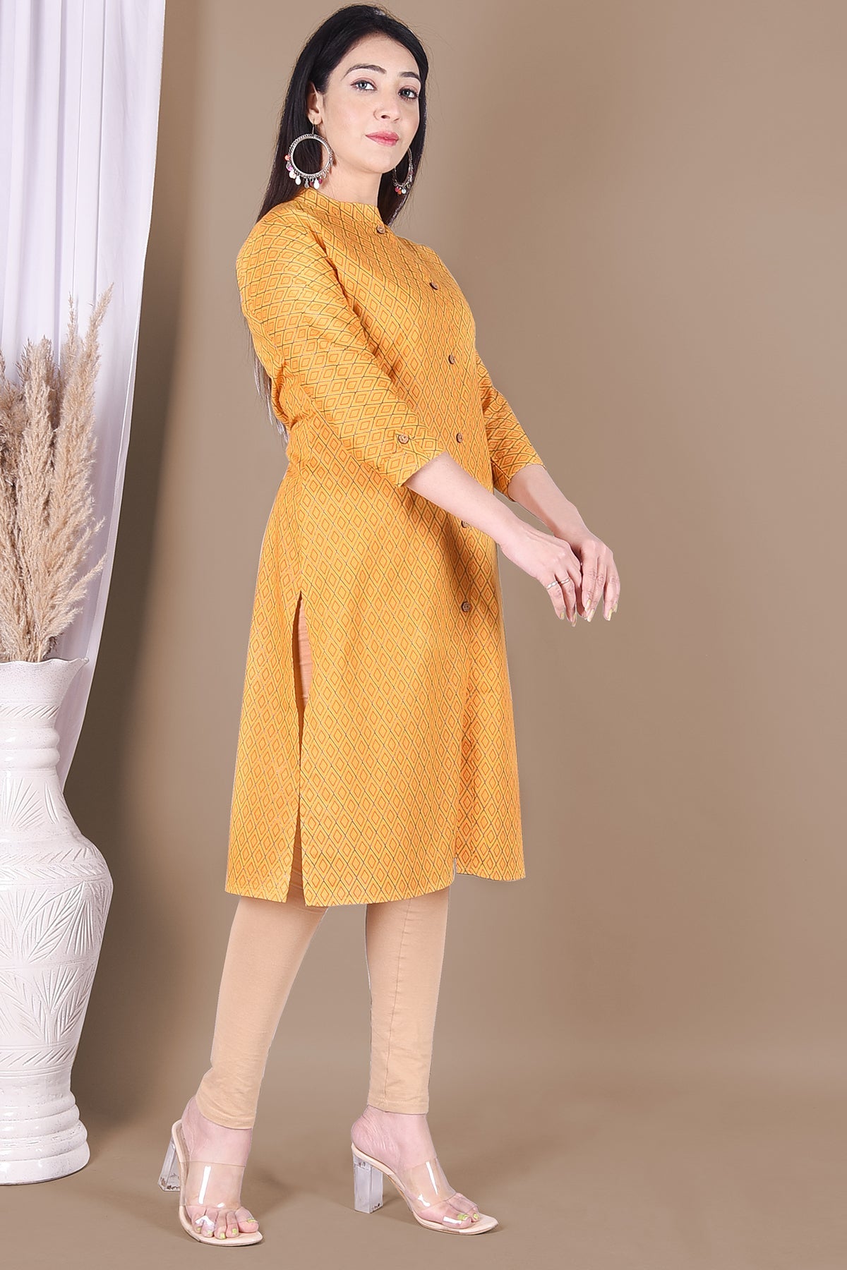 Mustard Checkered Printed Kurta - DWEEP SARA