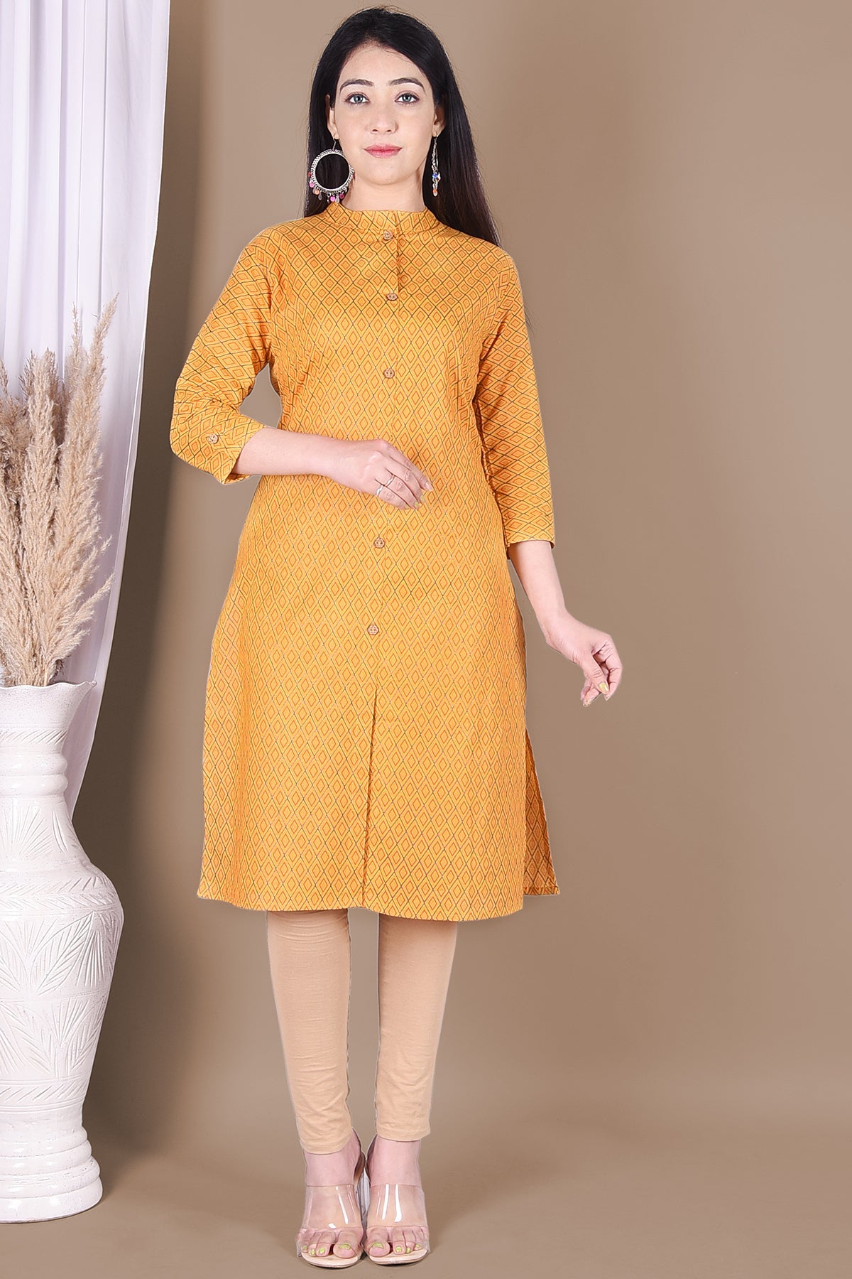 Mustard Checkered Printed Kurta - DWEEP SARA