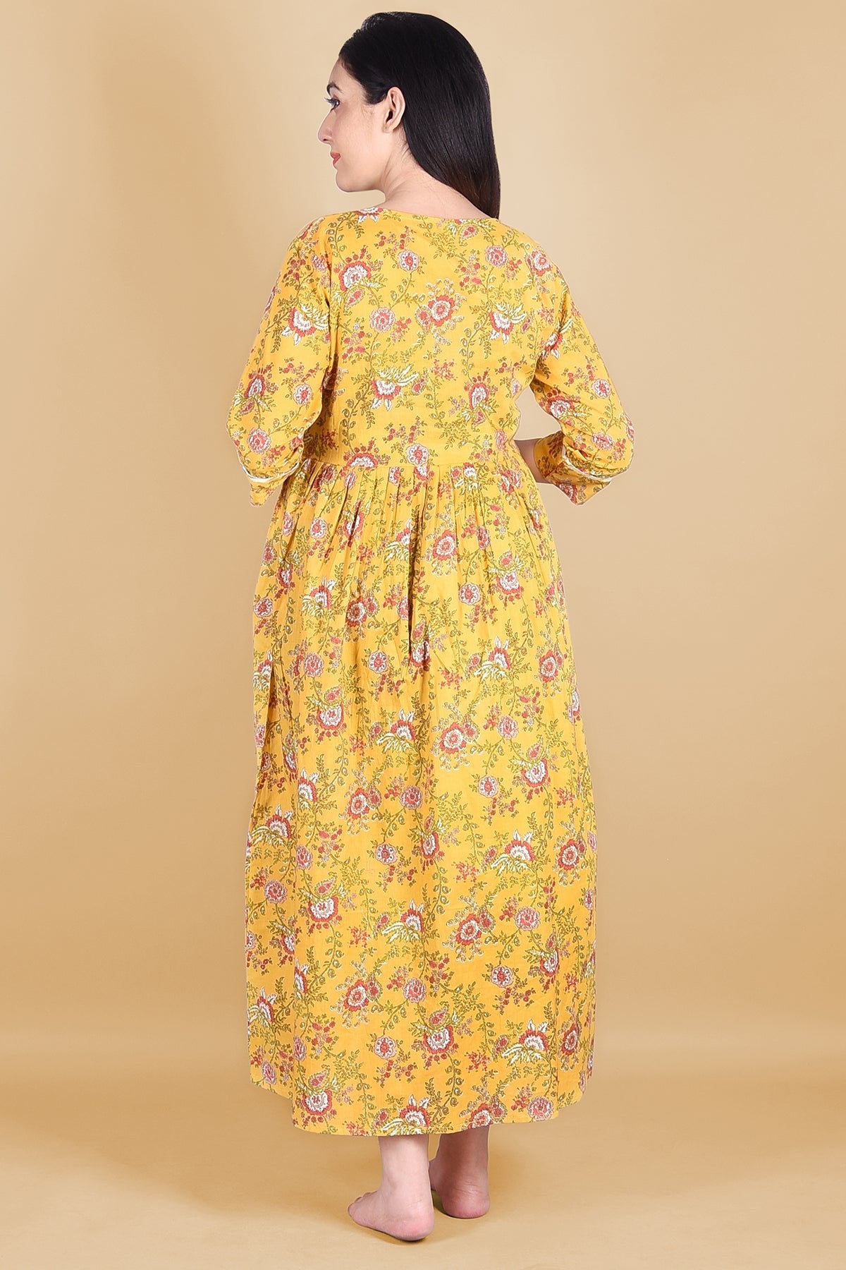 Mustard Floral Block Printed Maternity Dress - DWEEP SARA