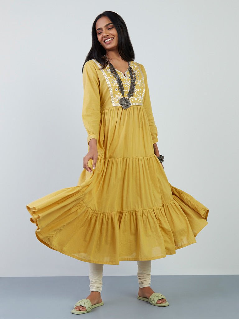 Mustard Mirror Detailed Anarkali Kurta - DWEEP SARA