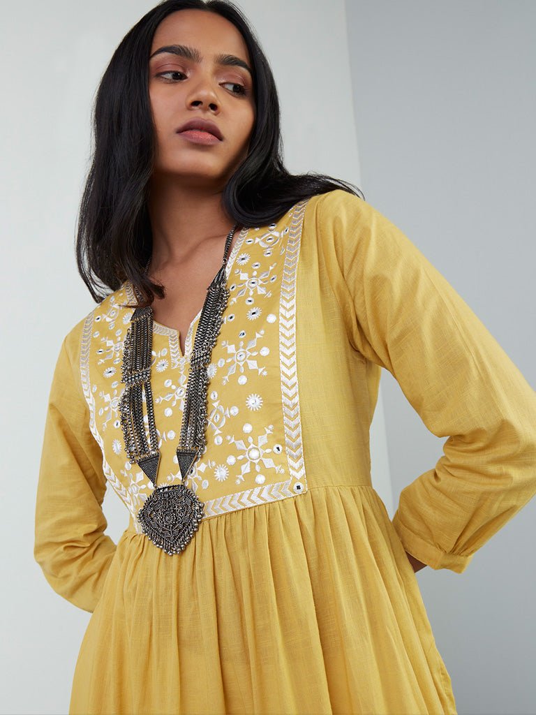 Mustard Mirror Detailed Anarkali Kurta - DWEEP SARA