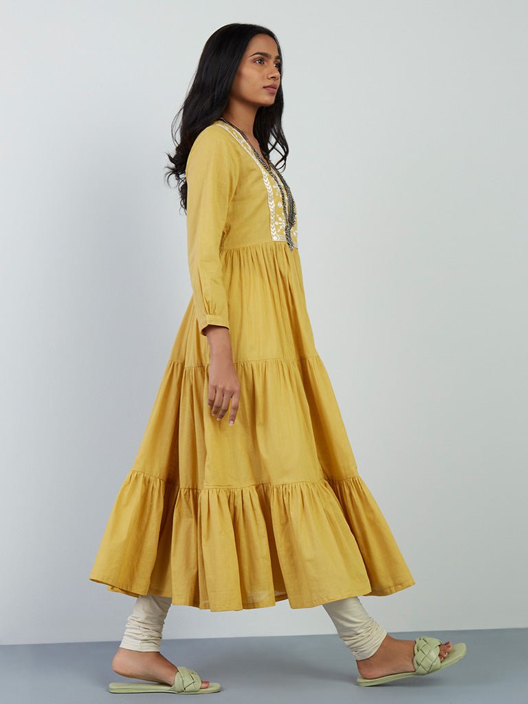 Mustard Mirror Detailed Anarkali Kurta - DWEEP SARA