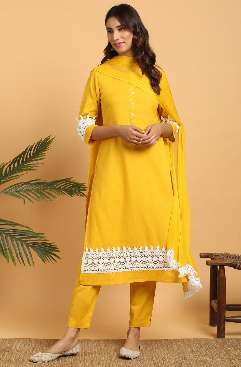 Mustard Solid Cotton Flex Suit Set - DWEEP SARA