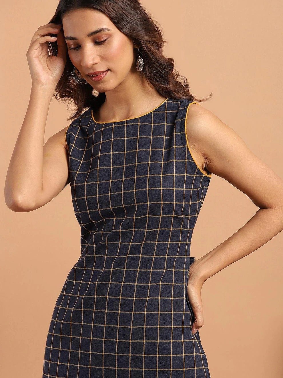 Navy Blue Checkered Embroidered Back Tie Kurta - DWEEP SARA