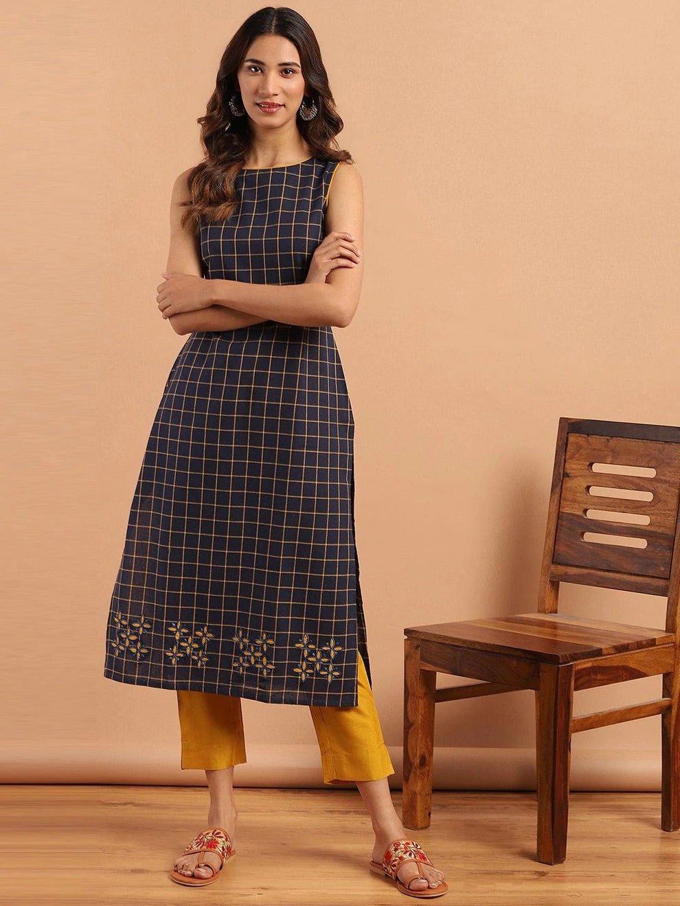 Navy Blue Checkered Embroidered Back Tie Kurta - DWEEP SARA